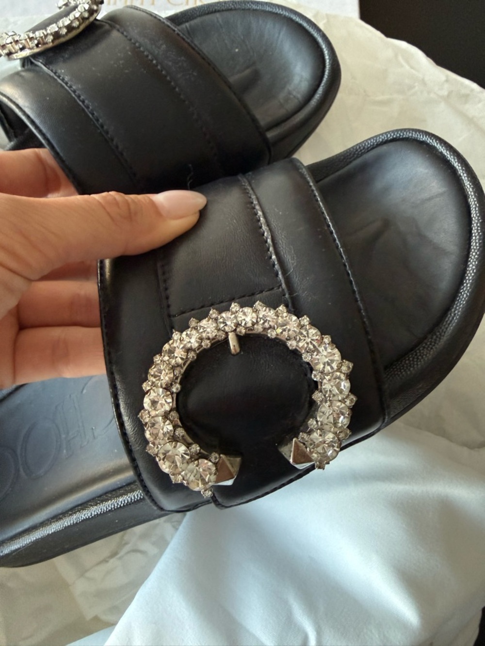 Jimmy Choo Black Leather Crystal Buckle Slide Sandals - Picture 5 of 6
